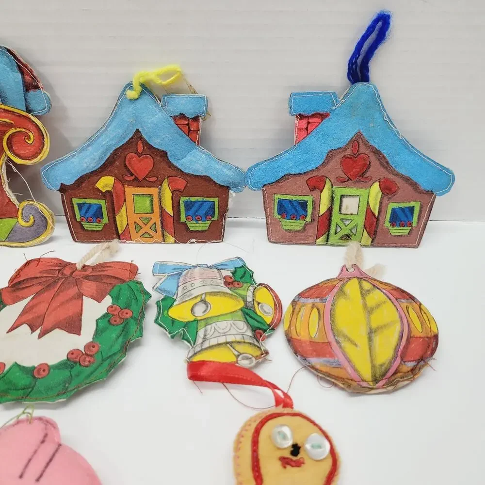 Handmade Sewn Painted Christmas Stitched Stuffed Fabric Ornaments Vtg Lot of 15